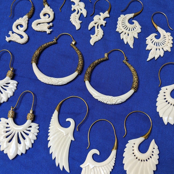 21 Styles - Hand Carved Bone Earrings - Sukabumi, Indonesia - Fan Octopus Dragon Wave Ocean Water Feather Wing Filigree - SomaSeeker