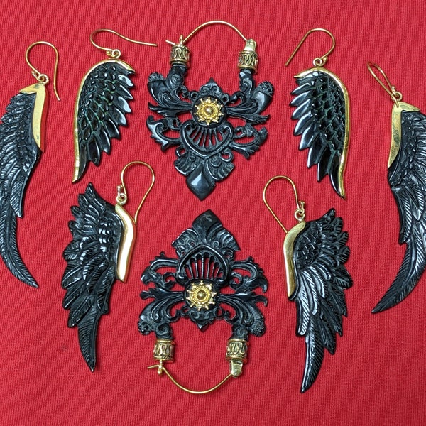 Black Horn Earrings - Brass & Bone Ornate Wings Feathers Bird Bull Cow - Domestic Water Buffalo -  Sukabumi, Indonesia - SomaSeeker