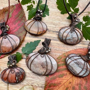Pumpkins!! Haloween Pendant Fun Wire Wrap Crystal  Leather Farm Garden Vegetable Harvest Necklace Orange Yellow Brown Jack-o-Lantern