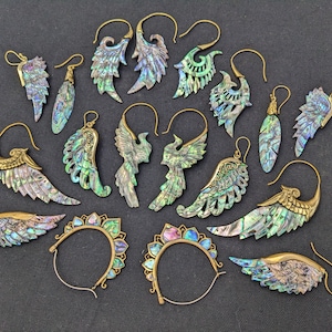 Hand-Carved Pāua Abalone Earrings - Feather Wing Hoop Bird - Iridescent Rainbow - Sukabumi, Indonesia - Blue Green Purple Gold - SomaSeeker