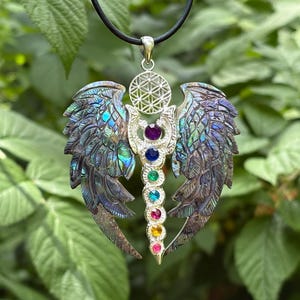 Abalone Chakra Pendant with Flower of Life - Hand-Carved and Cast - Shimmering Wings - Made in Indonesia - Necklace - SomaSeeker