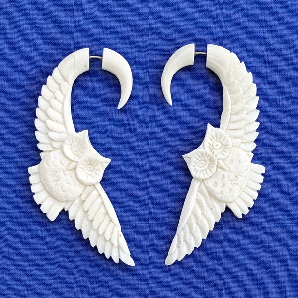 Hand-Carved Bone - Owl in Flight - Fake Plug Earrings - Cute Bird Feather Wing - Indonesia - Fake Gauge - SomaSeeker