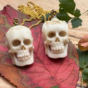 Hand-Carved Bone Skull - Gold Chain Leather Cord Pendant Ornament Amulet Rear View Mirror - Skeleton Head Halloween - Indonesia - SomaSeeker