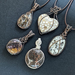 Wire Wrap Pendant Crystal Stones - Custom Leather Cord - Heart Celestial Planet Stone Granite - Indonesia - SomaSeeker