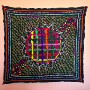 Large Shipibo Kambo Frog Tapestry Mandala Psychedelic Embroidery Wall Hanging Altar Cloth Patch Peru Ayahuasca Ceremony Square