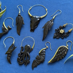 Hand Carved Black & Gold Earrings - Bone + Brass - Ornate Wings Feathers Bird Fly Bat Octopus Bull Cow Horn Sustainable Punk Goth Indonesia