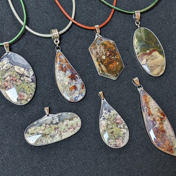 Stone Pendants 10+ Colors, Leather Cord. Moss Agate Fossil Ocean Jasper Coral Crystal Necklace Green Pastel White Red Coffin Teardrop Oval