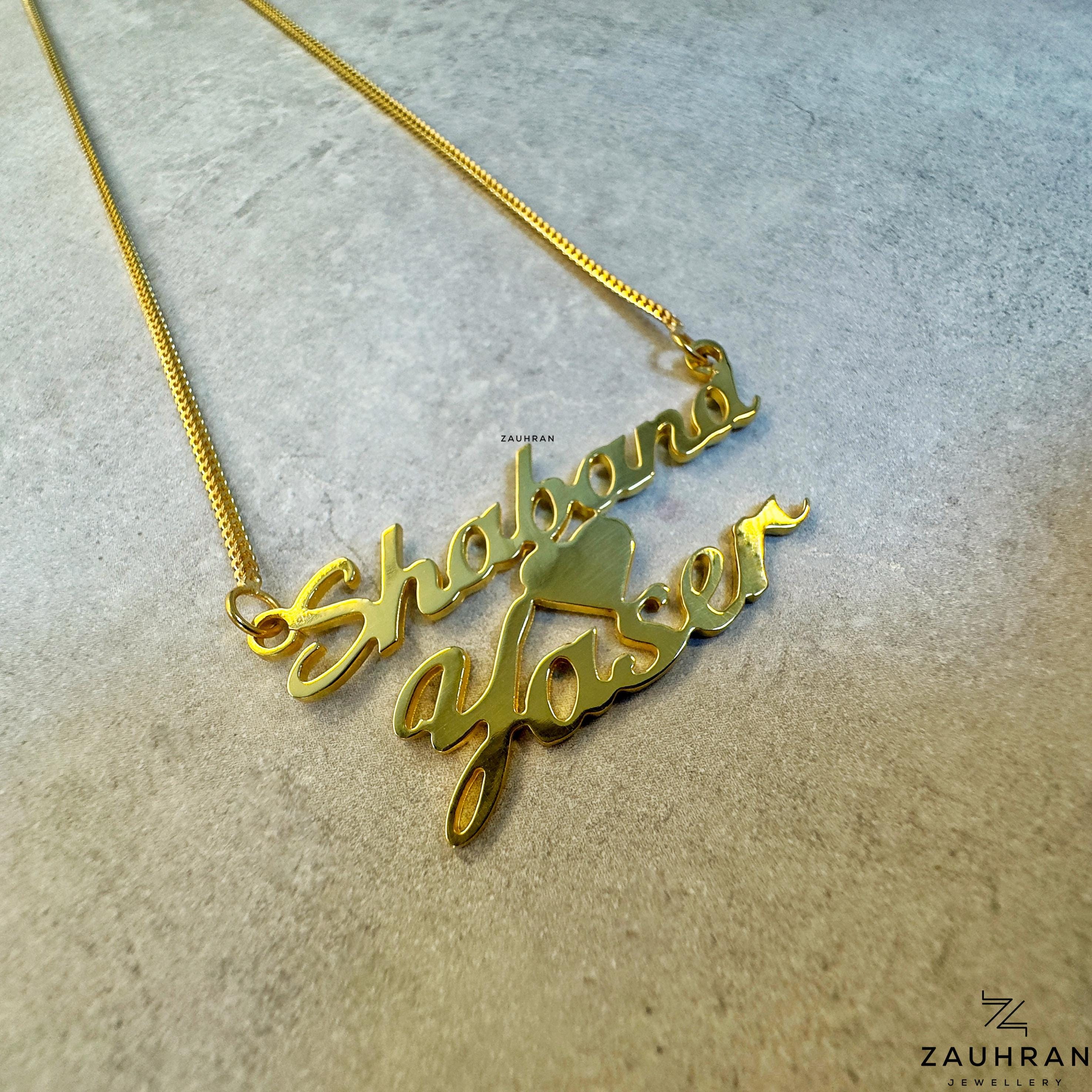Two Name Necklace Handmade in 22K Carat Solid Gold With a Mirror