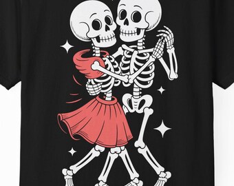 Dancing Skeletons T-Shirt PNG, Romantic Whimsical Skeleton Couple, Fun Spooky Art, Cute Halloween Skeleton Dance Design