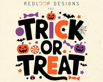 トリック・オア・トリート PNG | ハロウィン PNG | キャンディ、カボチャ、コウモリ、クモの巣を使った遊び心のある不気味なデザイン。クラフト、シャツ、ホリデーデコレーションに
