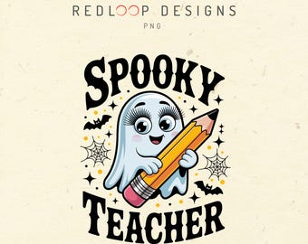 Halloween Spooky Teacher PNG | Cute Ghost With Pencil & Bats | Fun Classroom Shirt Design For Teachers and School Fall Party