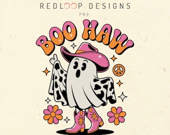 Cowgirl Ghost Halloween Boo Haw, png | Retro roze cowboyhoed laarzen vredestekens bloemen sterren | Leuk vintage western spookachtig ontwerp