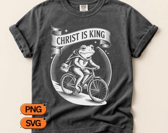 キリストは王様 カエル騎士 SVG PNG、中世の巡礼者カエル自転車デザイン、キリスト教信仰グラフィック用木版画バッジアート