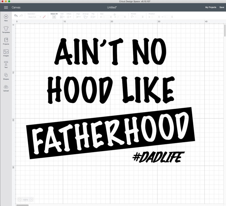 Op de afbeelding: Zwart-wit grafisch ontwerp met de tekst "Ain't no hood like fatherhood #dadlife".