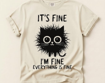 Whimsical Black Cat PNG – It’s Fine I’m Fine PNG Funny Mental Health Humor T-Shirt Design for Cat Moms & Sarcastic Friends