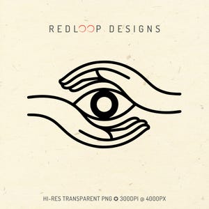 May include: Black line art logo featuring an eye cradled by two hands. The logo includes the text "REDLOOP DESIGNS" at the top and "HI-RES TRANSPARENT PNG 300DPI @ 4000PX" at the bottom. The design is on a cream-colored background.