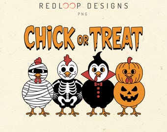 Diseño de pollo de Halloween (PNG) / Divertido disfraz de momia, esqueleto, vampiro, calabaza, ilustración humorística de aves de corral espeluznante y adorable