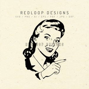 May include: Black and white illustration of a woman with a surprised expression pointing to the right. The text "REDLOOP DESIGNS" appears above the woman and "RID OOP DESIGNS" appears below her.