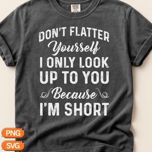 May include: A charcoal gray short-sleeved t-shirt featuring white distressed text that reads: DON'T FLATTER YOURSELF I ONLY LOOK UP TO YOU Because I'M SHORT. The shirt has a crew neckline and a standard fit, with the Comfort Colors brand label visible.