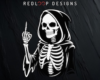 Female Grim Reaper Skeleton Illustration | Hooded Cloak Middle Finger Skeleton Art Bold Black Lines Plain White Background Graphic