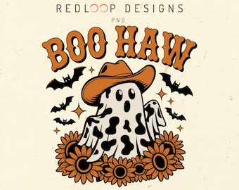 Ghost Cowboy Halloween Boo Haw PNG | Cute Western Spooky Design with Sunflowers, Bats and Rustic Fall Colors for T-Shirts & Crafts