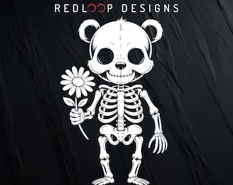 Cute Skeleton Bear PNG Tshirt Design | Spooky Cute Kawaii Skeleton Holding Daisy | Halloween Cute Creepy Animal Art