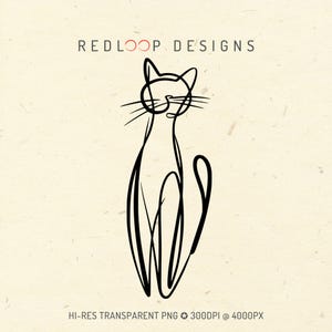 Könnte beinhalten: Eine minimalistische schwarze Strichzeichnung einer Katze in sitzender Position. Die Form der Katze wird mit einer einzigen durchgehenden Linie erstellt, die einen Kopf, Schnurrhaare und einen gebogenen Schwanz aufweist. Der Text "REDLOOP DESIGNS" steht oben.
