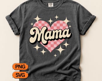 Vintage des années 70 rétro maman SVG PNG, conception coeur damier, graphique de la maternité groovy, fichier coupe fête des mères, sublimation des cliparts