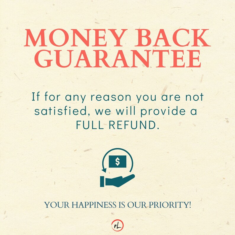 Op de afbeelding: Een afbeelding met de tekst "MONEY BACK GUARANTEE" in rood. De tekst eronder luidt "Als u om welke reden dan ook niet tevreden bent, zullen we u een VOLLEDIGE TERUGBETALING geven." Een illustratie van een hand die een dollarteken vasthoudt met een pijl die eromheen cirkelt. De tekst onder de illustratie luidt "UW GELUK IS ONZE PRIORITEIT!"