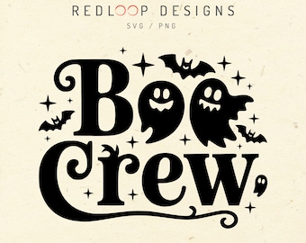 Archivo SVG de Spooky Boo Crew para Cricut PNG, tipografía gótica, siluetas de fantasmas, murciélagos, estrellas, Halloween, diseño digital, manualidades, corte de vinilo