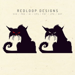 May include: Two black cat silhouettes with red eyes, facing forward, with curled tails. The cats are in a sitting position.