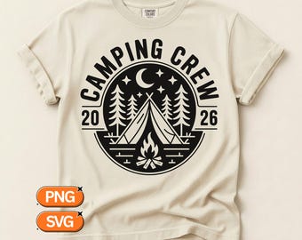 Camping Crew 2026 SVG PNG, Vintage Camping Badge Design, Retro Outdoor Campfire Tent Forest Adventure Clipart File