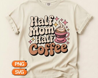 Moitié maman moitié café SVG PNG Design, accent de noeud de tasse à café damier, Clipart maman tendance, sublimation graphique de fête des mères