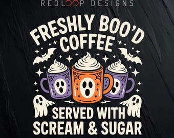 Café recién hecho con azúcar Scream PNG / Tazas fantasma espeluznantes, murciélagos, estrellas, telarañas, divertidas y azucaradas, ilustraciones lindas y espeluznantes