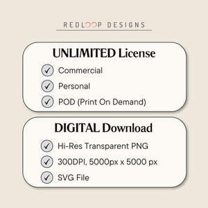 May include: A digital product information graphic by REDLOOP DESIGNS featuring an UNLIMITED License for Commercial, Personal, and POD use. It includes a DIGITAL Download section listing Hi-Res Transparent PNG, 300DPI, 5000px x 5000px, and SVG File.