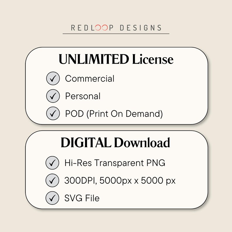 May include: A digital product information graphic by REDLOOP DESIGNS featuring an UNLIMITED License for Commercial, Personal, and POD use. It includes a DIGITAL Download section listing Hi-Res Transparent PNG, 300DPI, 5000px x 5000px, and SVG File.