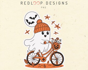 Cute Ghost On Bicycle Halloween PNG | Whimsical Autumn Scene With Pumpkin Flowers Moon Bats & Leaves | Fall Sticker Shirt Design