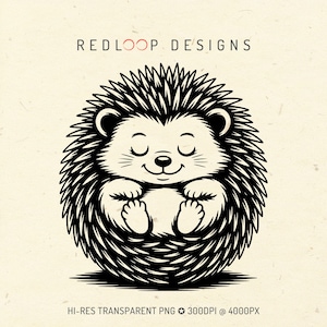 May include: A black and white illustration of a smiling hedgehog with closed eyes and its paws clasped. The image has the text "REDLOOP DESIGNS" at the top and "HI-RES TRANSPARENT PNG 300DPI @ 4000PX" at the bottom.