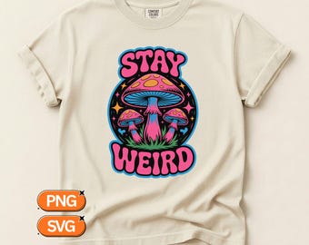 Restez étrange avec la conception PNG, scène de champignon psychédélique, affiche d'art rétro des années 70, graphique de Style autocollant Trippy, Clipart sublimation Festival