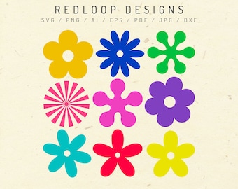 Retro Flower SVG, Daisy SVG, Hippie Flower SVG, Groovy Flower SVG, 60s 70s Flower SVG, Cartoon Flower SVG, Pliki do cięcia dla Cricut, Silhouette