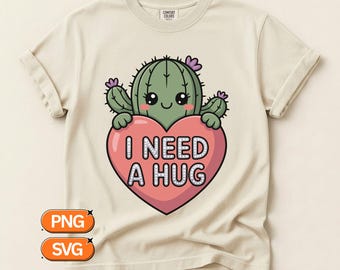 Cactus mignon Saint-Valentin SVG PNG, j'ai besoin d'un câlin Design, clipart cactus Kawaii coeur câlin, thème de l'amour graphique pour les autocollants de cartes