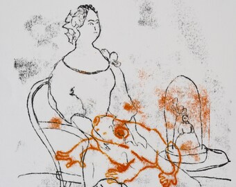 Original Monoprint by Neil Coombs 2016 Seated Woman and Frog Hand made unique print unframed Monotype Signed and Dated Orange and Black