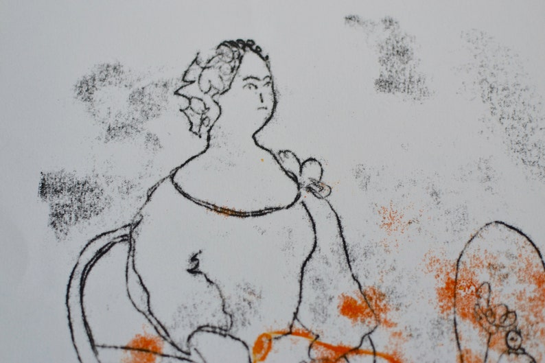 Original Monoprint by Neil Coombs 2016 Seated Woman and Frog Hand made unique print unframed Monotype Signed and Dated Orange and Black