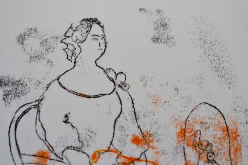 Original Monoprint by Neil Coombs 2016 Seated Woman and Frog Hand made unique print unframed Monotype Signed and Dated Orange and Black