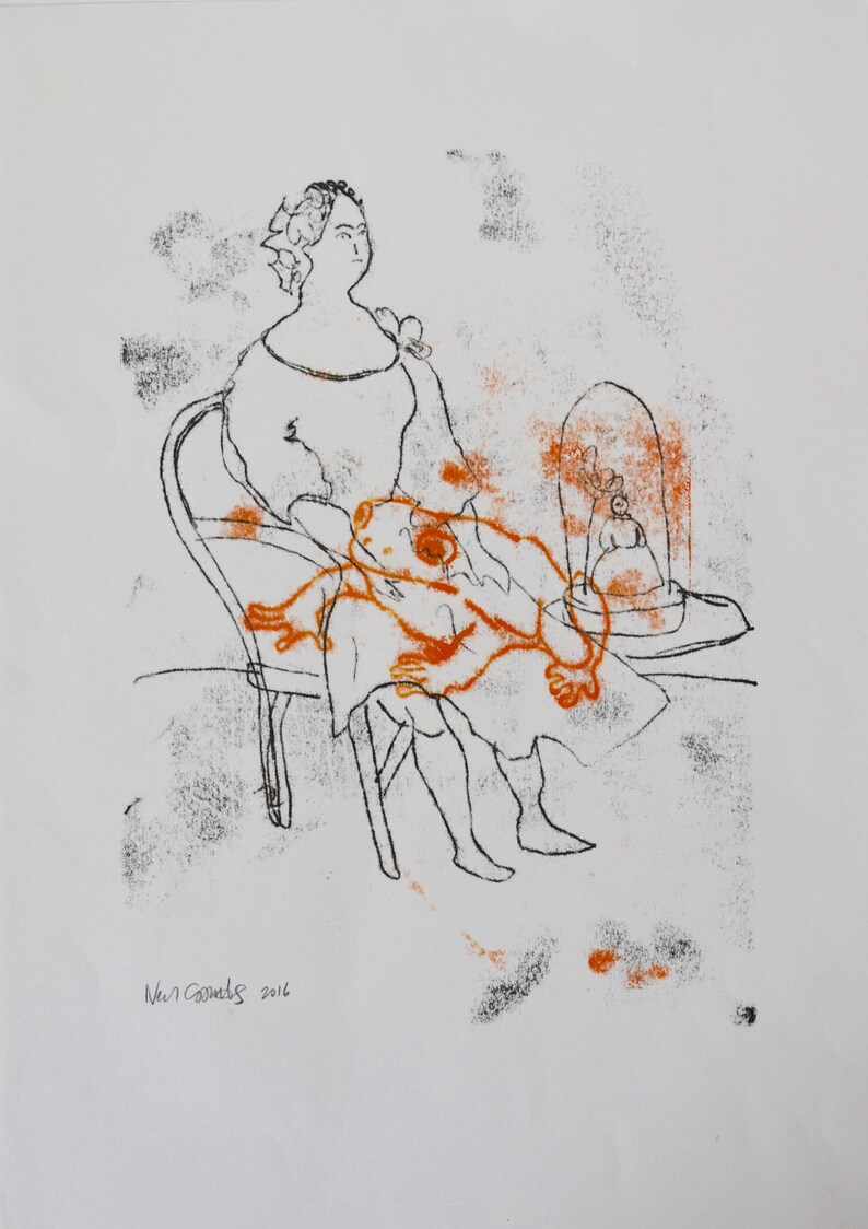 Original Monoprint by Neil Coombs 2016 Seated Woman and Frog Hand made unique print unframed Monotype Signed and Dated Orange and Black