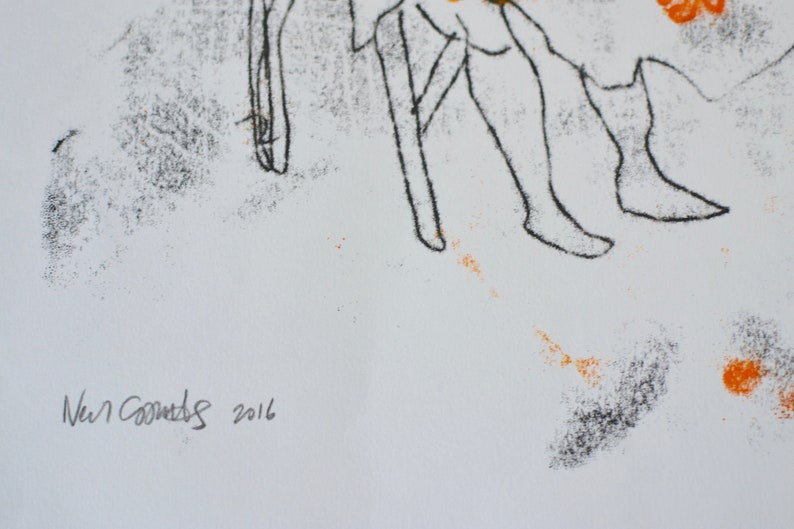 Original Monoprint by Neil Coombs 2016 Seated Woman and Frog Hand made unique print unframed Monotype Signed and Dated Orange and Black