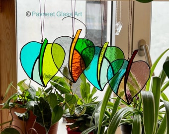 Stained glass suncatcher heart // pothos plant leaf decor// valentines day gift // mardi gras  plant lover // boho window art // plant deco