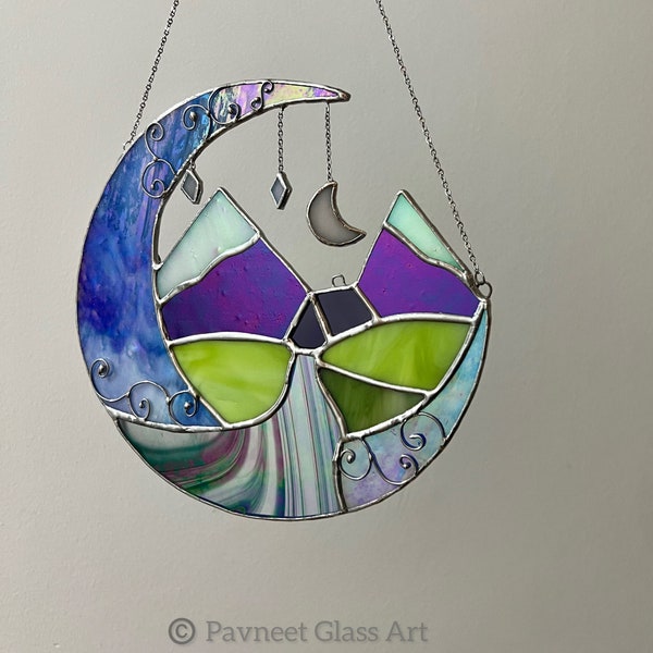 Stained Glass Moon sun catcher + Glass art crescent moon + Cabin in the hills art + nature art wall decoration + birthday gift + window deco