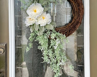 Peony with Boxwood and Eucalyptus Spring Wreath, Spring Wreath for Front Door, Blue Peony Wreath, spring Wreath Farmhouse, Boxwood Wreath