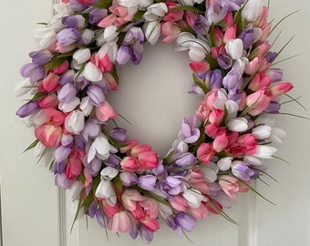 Tulip Wreath. Spring Pink Wreath. Front Door Wreath. Mother Day Gift. Pink and Purple Tulip Wreath. Gift for her.